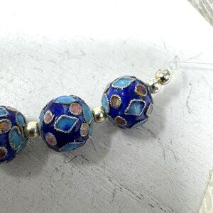 Cloisonné Blue Enamel Beads With Floral Patterns & Silver Accents For Jewelry